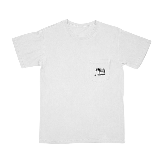 The front of a white short-sleeve t-shirt with a pocket and a small mule sketch on it.