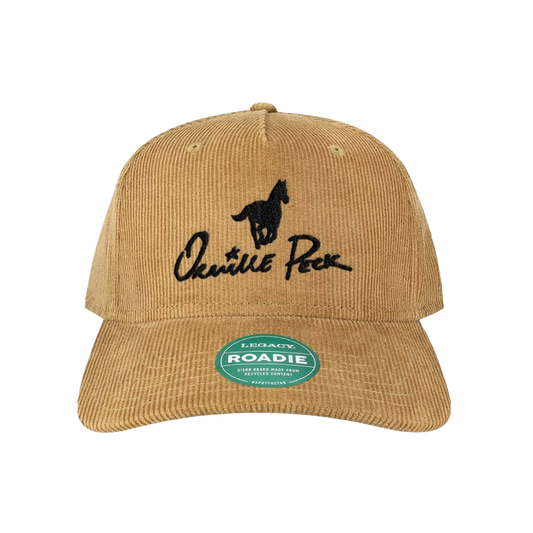 Tan corduroy baseball hat features Orville Peck text logo and horse graphic embroidered on front.