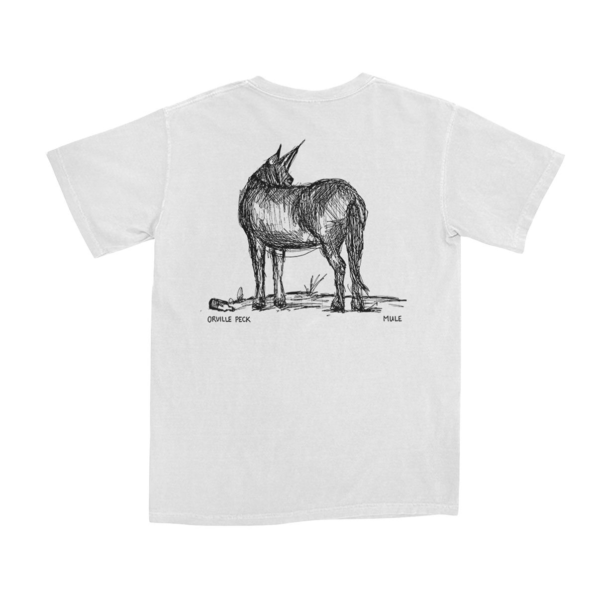 A white short-sleeve t-shirt shown from the back, featuring a black line art sketch of a donkey standing on the back. The text 'JAPANE TOX' is printed below the donkey's legs, and 'PRAISE' is printed on the right side of the graphic.